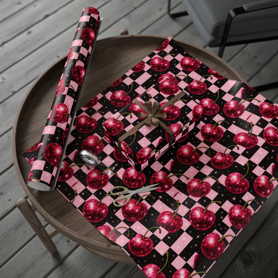 Disco Cherries Y2K Wrapping Paper Rolls, Checkered Board Disco Fruit Birthday - Image 1 of 1