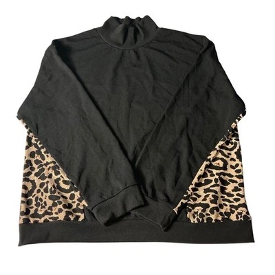 SHEIN Womens XL Black Leopard Print Sleeve Mock Neck Pullover Sweatshirt - Image 1 of 4