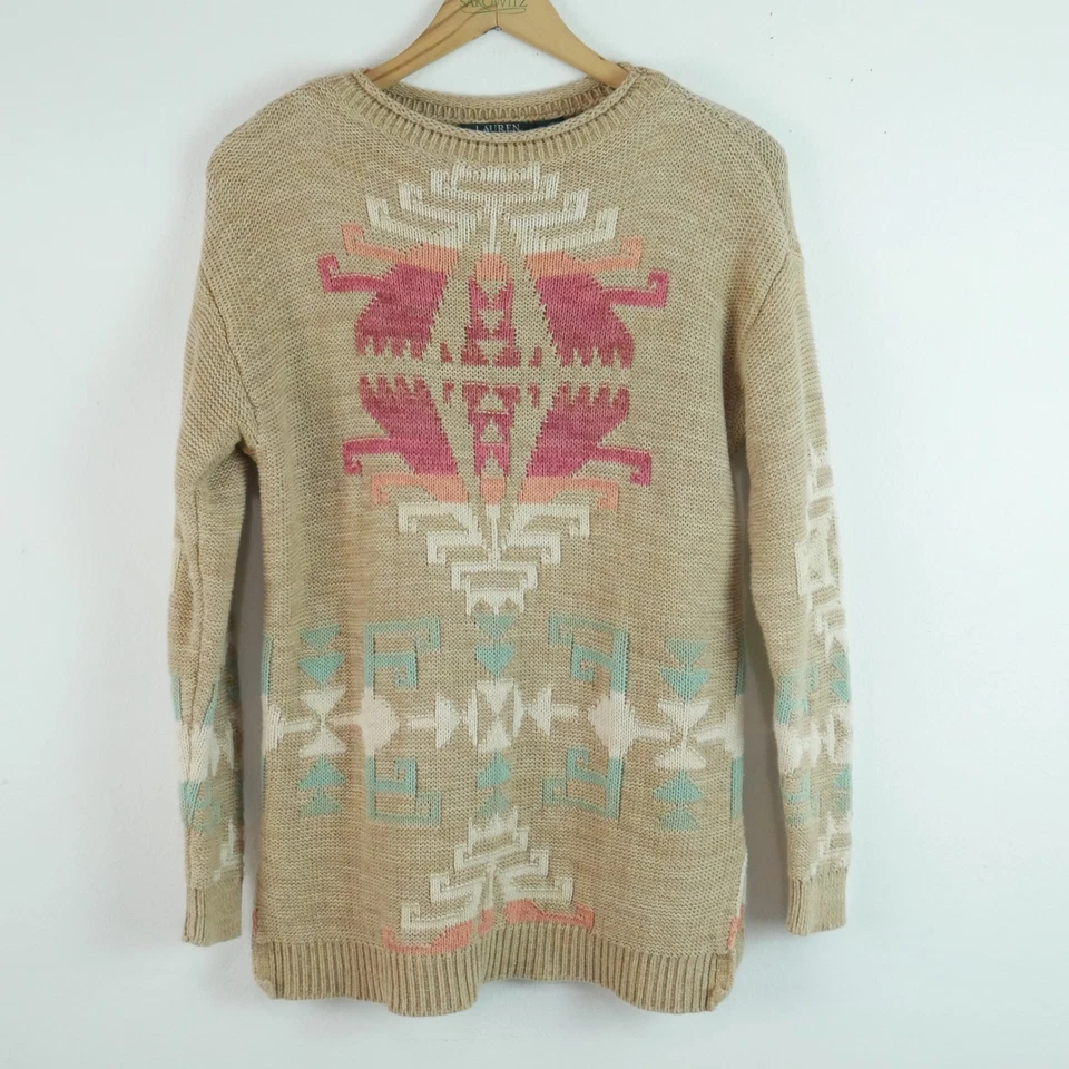 Vintage Lauren Ralph Lauren P M Aztec Sweater Roll Neck Linen Blend Southwestern - Image 1 of 4