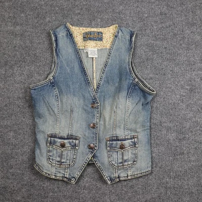 Chaleco Younique Mujer Medio Azul Denim Botón Bolsillos Frontales Hebilla Ajustable Foto 1 de 4