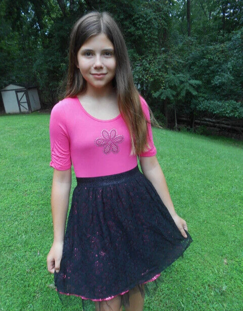 ❤️NUEVO CON ETIQUETAS Talla 6X Vestido Falda Manga Corta Labial Niñas Fucsia/Negro Encaje Brillante ❤ Foto 1 de 1