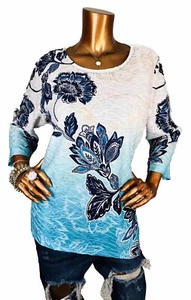 Alfred Dunner L Top Stretch Soft Floral Asymmetric Hem Blouse Studded Tunic 3/4 - Picture 1 of 8