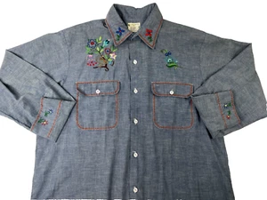 Camicia Chambray vintage anni 70 JC Penney BIG MAC ricamata L grande uomo western - Foto 1 di 13