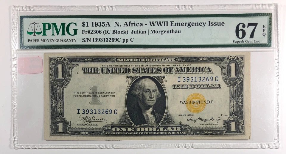 1935-A North Africa One Dollar Silver Cert. WW2 Emergency. PMG MS67 - Image 1 of 3