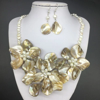 Real Nugget Baroque Pearl And White Shell Flower Necklace Earrings Set  - Image 1 of 4