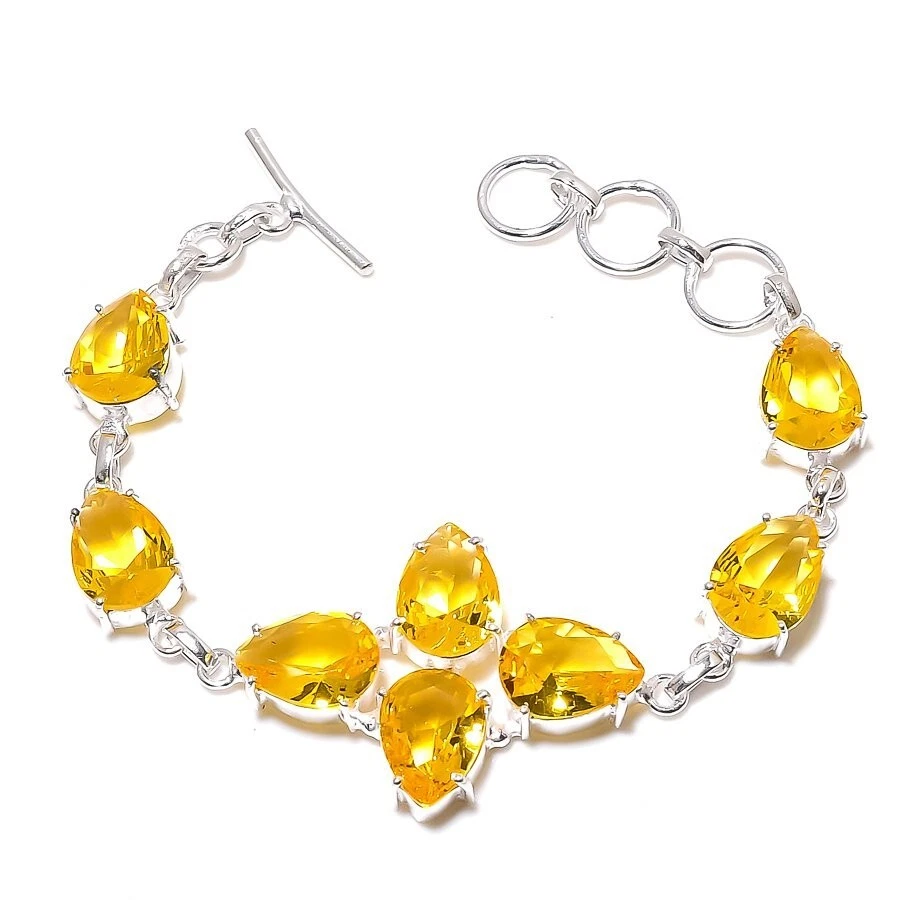 Yellow Citrine Gemstone Handmade 925 Sterling Silver Jewelry Bracelet Sz 7-8" - Image 1 of 1