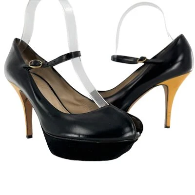 YSL Yves Saint Laurent Tribute Negro y Amarillo Mary Jane Peep Toe Tacones Talla 37.5 Foto 1 de 4
