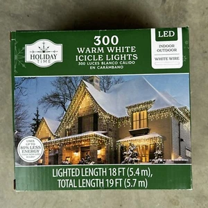 Holiday Time Christmas Lights 300 Warm White Icicle Lights LED White Wire 19' - Picture 1 of 3
