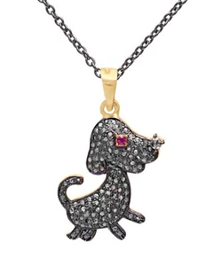 925 Sterling Silver Puppy Dog Pendant Necklace Cute Animal 14k Gold with Diamond - Picture 1 of 6