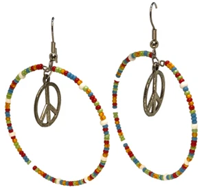 Retro Peace handmade beaded dangle hoop earrings from Sabine Harmann - Picture 1 of 3