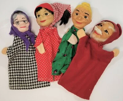 Vintage Hand Puppets Paper Mache Handmade Little Red Riding Hood Set of 4 Unique Foto 1 de 4