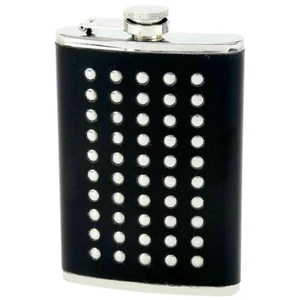 HIP FLASK 8oz CAPACITY BLACK LEATHER BOUND STAINLESS STEEL STUDDED FRONTAGE - Picture 1 of 4