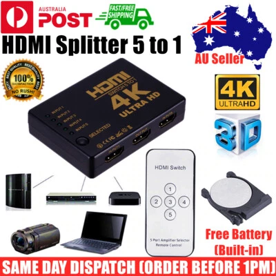 Ultra HD 4K HDMI Splitter Switch Hub Adapter HDTV 5 Port IN 1 OUT Remote Control - image 1 of 4