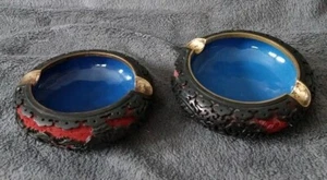 Chinese Carved Red & Black Cinnabar Lacquer Brass Enamel Ashtray - Picture 1 of 9