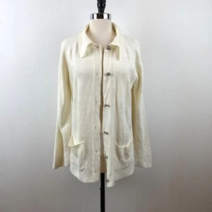 Vintage 70/80er weiß Strick Cardigan Pullover Löwe silber Knopfleiste Boho Oma - Bild 1 von 11