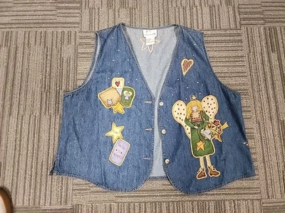 Quacker Factory Women 1X Blue Denim Vest Heart, Angels Faith, Front-Button Down - Image 1 of 4