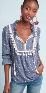 128 $ NEU Maeve blau Sawyer Bauerntop Boho Stickerei Quasten Anthropologie S - Bild 1 von 18