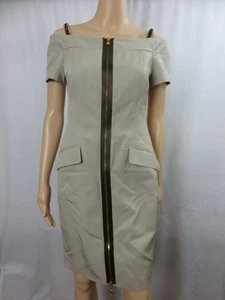 Escada Khaki Dress Beige Sheath Short Sleeve Cold Shoulder Front Zip Size 34 XS - Picture 1 of 6