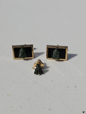 Vintage Gold Tone Metal Green Jade Dynasty Swank Buddha Cufflinks & Tie Tack Set - Image 1 of 4
