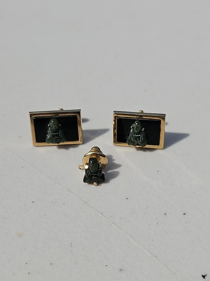 Vintage Gold Tone Metal Green Jade Dynasty Swank Buddha Cufflinks & Tie Tack Set - Image 1 of 4