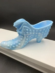 Vintage Fenton Blue Milk Glass White Slag Swirl Hobnail Cat Head Slipper Shoe - Picture 1 of 10