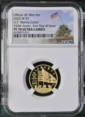 2025-W Proof $5 US Marine Corps Gold 250th Anniversary NGC PF70 FDI First Issue  - Image 1 of 2