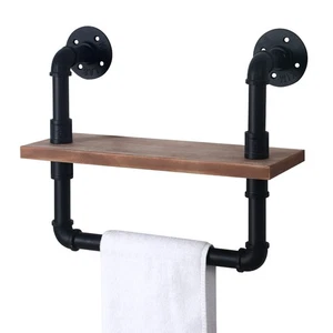 Industrial Pipe Shelf with Towel Bar, 15-3/4 Inch Farmhouse Iron Pipe Shelvin... - Picture 1 of 7