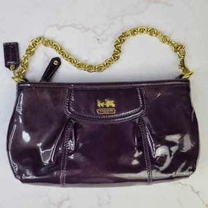 Coach Madison Patent Leather Aubergine Gold Chain Wristlet Purple Purse - Picture 1 of 6