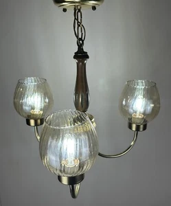 3 Arm Vintage Amber Globe Ceiling Light Tall Ribbed Pattern Chandelier MCM 70s - Picture 1 of 10