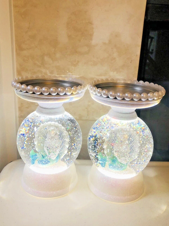 Bath and Body Works Mermaid In Swirling Snow globe Pedestal Candle Holder - EUC