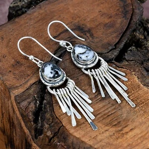White Buffalo Turquoise Gemstone Sterling Silver Dangle/Drop Earrings 2.70" - Picture 1 of 6