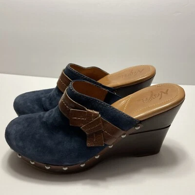 Naya Couro Azul Marinho Feminino Tamanho 9 Slide Mule Tachas de Madeira Anilha Anthropologie - Imagem 1 de 4
