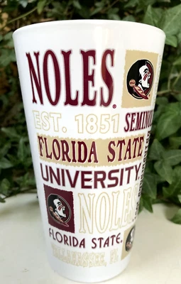 Vaso de 16 oz de vidrio de pinta blanca de 6" Florida State University Seminoles ¡GUAU! Foto 1 de 4