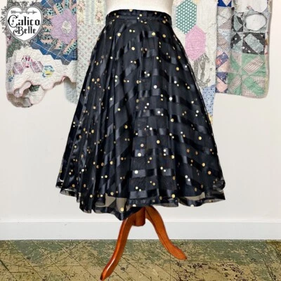 Vintage 50s Black & Gold Dot Striped Chiffon Layered Full Circle Skirt Size L 31 - Image 1 of 4