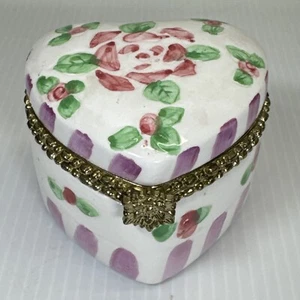 VTG Heart Shape Ceramic Porcelain Trinket Dish Hinged Jewelry Box Painted Rose - Picture 1 of 10