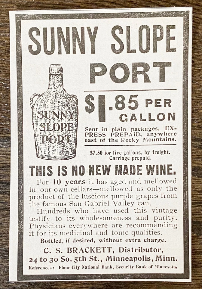 Antiguo anuncio impreso de vino Sunny Slope Port 1900 de colección ~ C.S. Brackett botella de $1,85 galones Foto 1 de 1