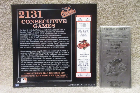 Orioles Vs. California Angels Sept 6, 1995 -Cal Ripken Jr. -Metal Ticket -NEW Cover