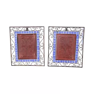 Set 2 Vintage Wall Hanging Metal Carved Red Wood Blue Tile Mexican Style 12x14" - Picture 1 of 8
