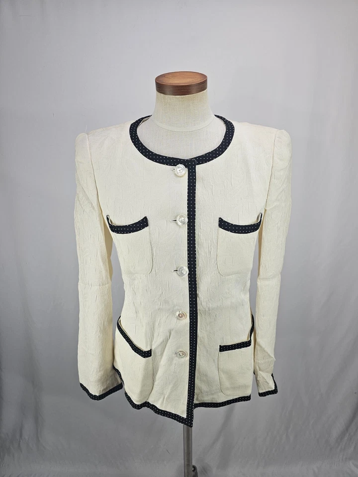 Chaqueta Blazer Armani Para Mujer Blanco y Negro Mezcla Algodón Seda 6 Foto 1 de 4