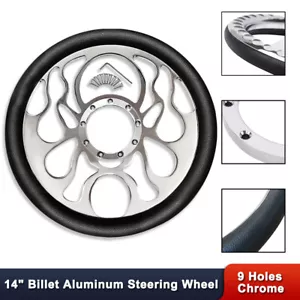 Universal 14" Billet Chrome Flamed Style 9 Holes Steering Wheel w/ Black Leather - Picture 1 of 6