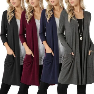 Women Long Open Front Slouchy Cardigan Sweater Sleeve Pockets Loose Drape Coat # - Picture 1 of 14