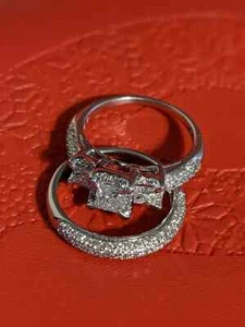3,95 kt Princess-Schliff Zirkonia 14 kt Weißgold Finish Braut Ehering Set - Bild 1 von 4