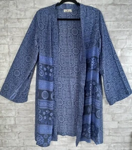 Floating Lotus Kimono Large Silk Blend Blue Paisley Cover Up Casual Boho - Picture 1 of 10