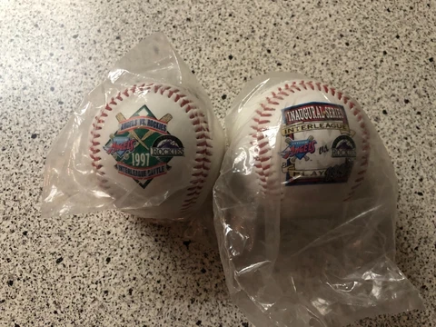 1997 Colorado Rockies vs Anaheim Angels Fotoball Interleague Ball Lot (2) /1000 Cover