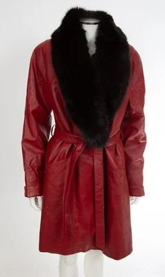 Abrigo de vestir excelente de cuero rojo con cuello de piel negro talla L Foto 1 de 4