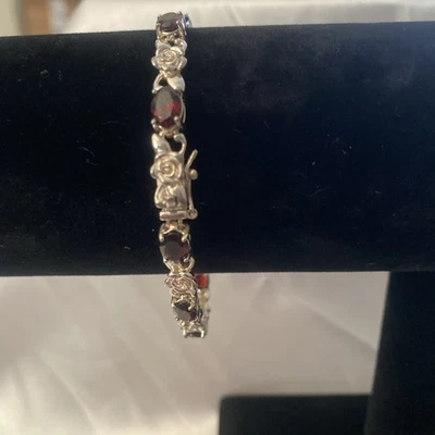 925 Sterling Silver Vintage Real Red Garnet Gem Rose Floral Link Bracelet 8" - Image 1 of 4
