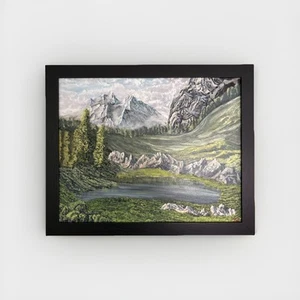 Bob Ross Inspired Original Mountain Lake Landscape Oil Painting 16x20 Framed - Picture 1 of 5