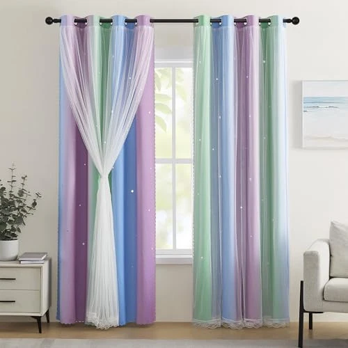  Cortinas azules para decoración de dormitorio 34"W x 63"L (paquete de 1) verde púrpura azul Foto 1 de 4