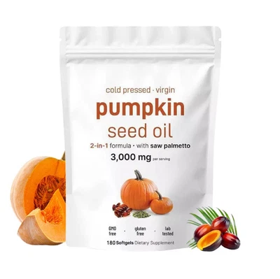 Aceite de semilla de calabaza con palma enana americana 180 cápsulas blandas | Suplemento herbal 3000 mg Foto 1 de 4