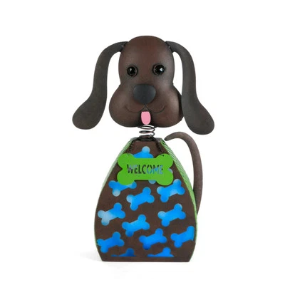 Cachorro iluminadora movida a energia solar pintado marrom rústico metal 15"H novo na caixa - Imagem 1 de 4